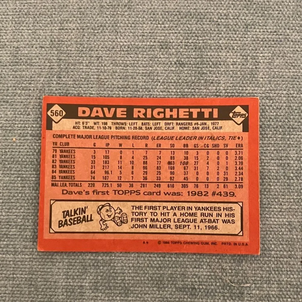 1986 Topps New York Yankees Baseball Card Trading Card